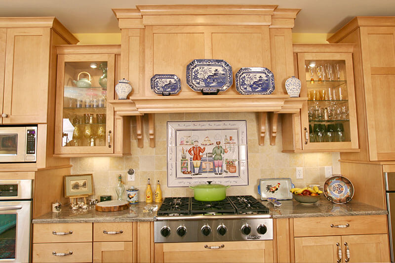 Farmhouse Kitchen Elegance with Blue Island Accent & Custom Workspace