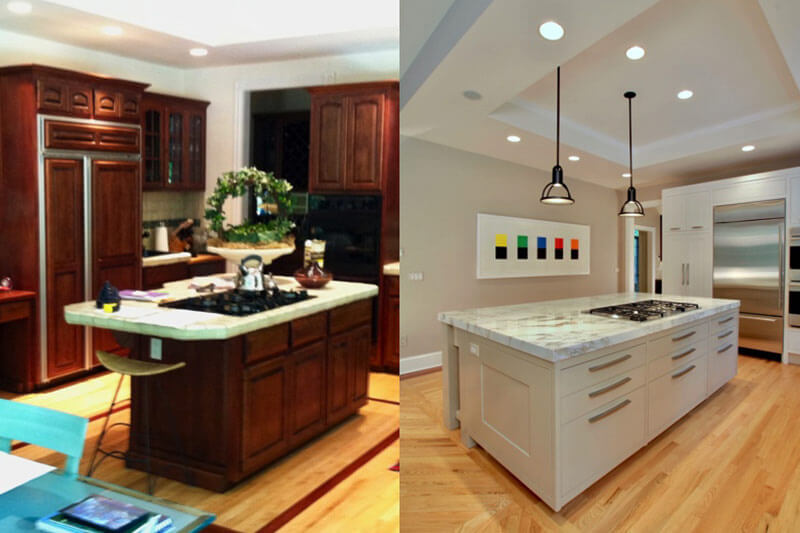 before and after kitchen remodeling and lighting