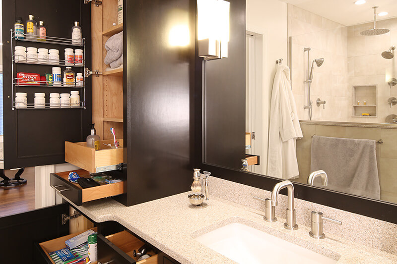 Custom Bathroom Vanity Storage. Ample Shelving and Drawer Space with Excellent Lighting