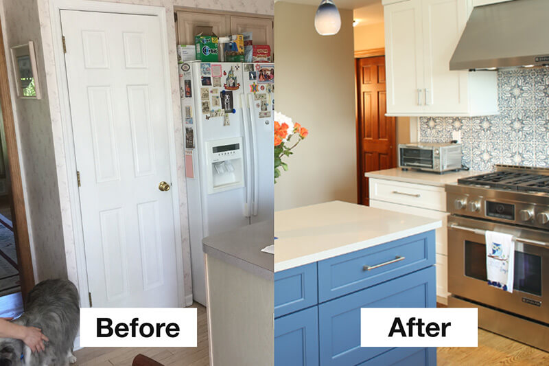 Before and After Kitchen with Blue Island and Turkish Tiles