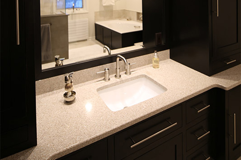 Bathroom Sink, Black Vanity with Silver Bar Handles